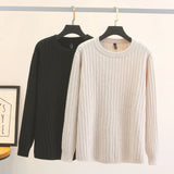 2023 Fall Winter 100kg Simple O-Neck Jacquard Knit Sweater Plus Size Women's Casual Striped Pullover Jumpers