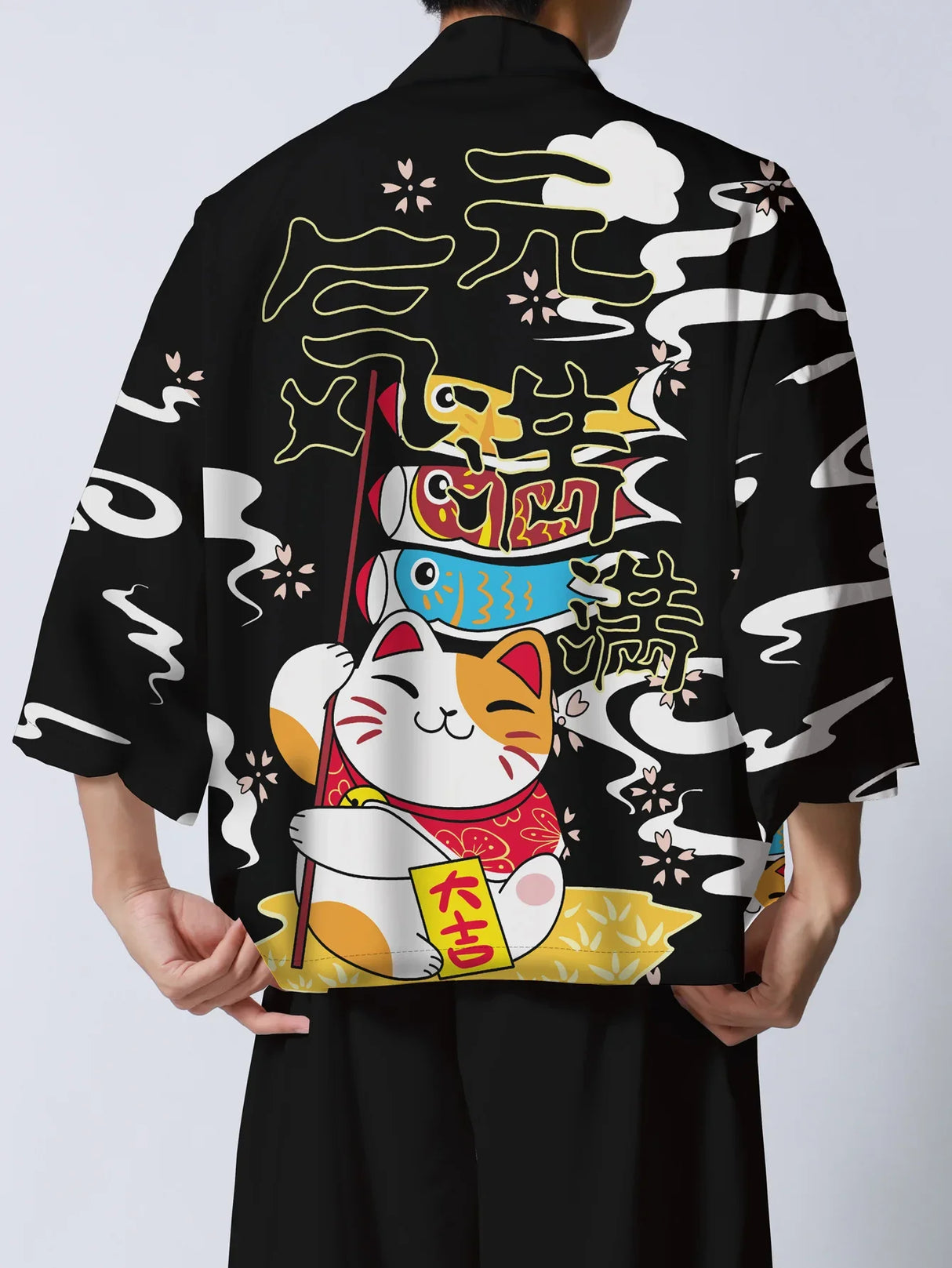 Men's Casual Kimono Style "Cheerful" Cat Loose Fit Open Front Shirt, Male Clothes For Summer And Photograph