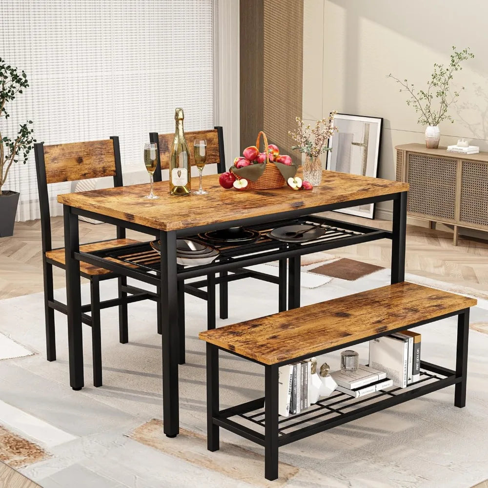 4 Pieces Dining Table Set, Industrial Dining Table with Bench and Chairs for 4, Metal Frame, Kitchen Table Set with Storage Rack