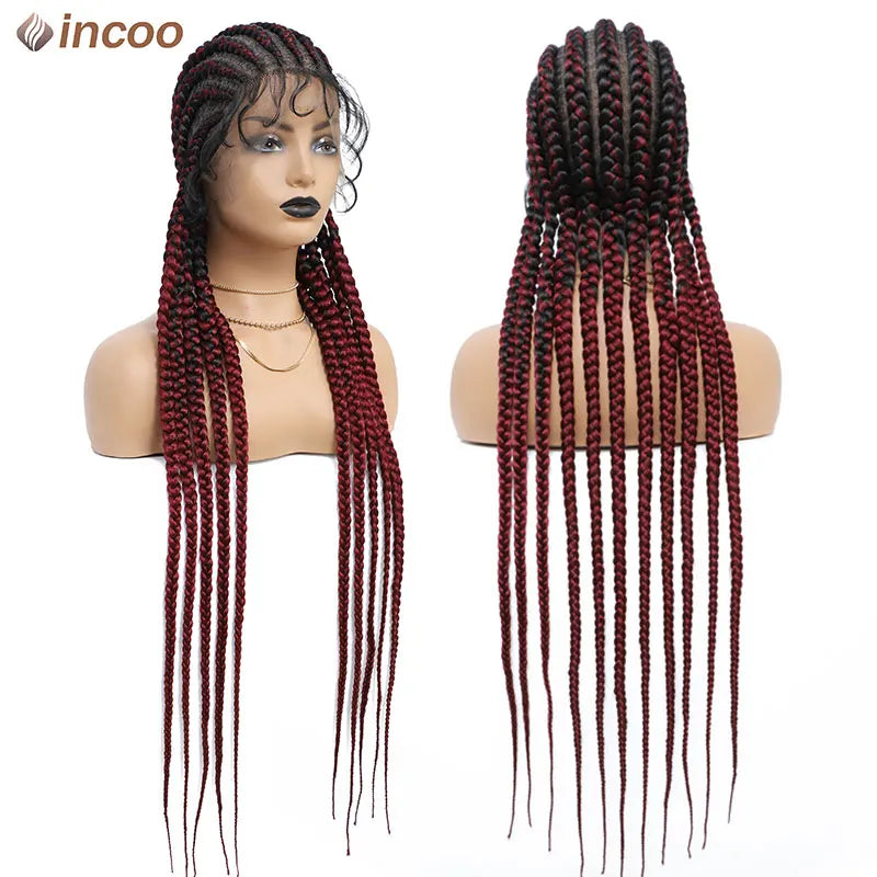 Incoo 36'' Synthetic Twist Braids Lace Front Wig With Baby Full Lace Frontal Cornrow Braided Wigs Afro Black Dutch Braided Wigs