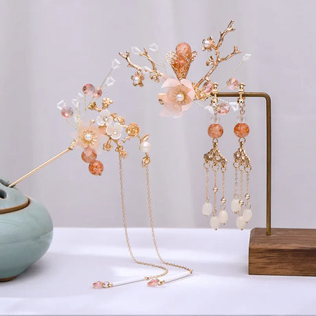 Chinese Hanfu Hair Accessories Set Long Fringed Vintage Hairpins Flower Handmade Hair Sticks For Women Traditional Retro Jewelry