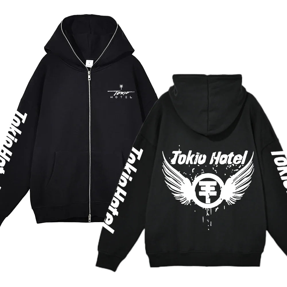 Tokio Hotel Full Zipper Hoodies Kaulitz Print Zip Up Jacket Fleece Hooded Sweatshirts Men Women Hip Hop Streetwear Y2K Cardigan