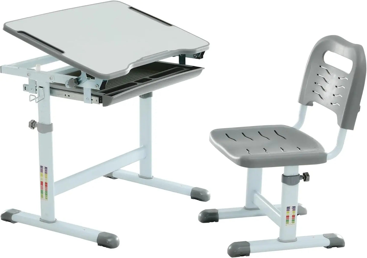 Kids Multifunctional Desk and Chair Set, Height Adjustable Children School Study Desk with Tilt Desktop, Metal Hook and Storage