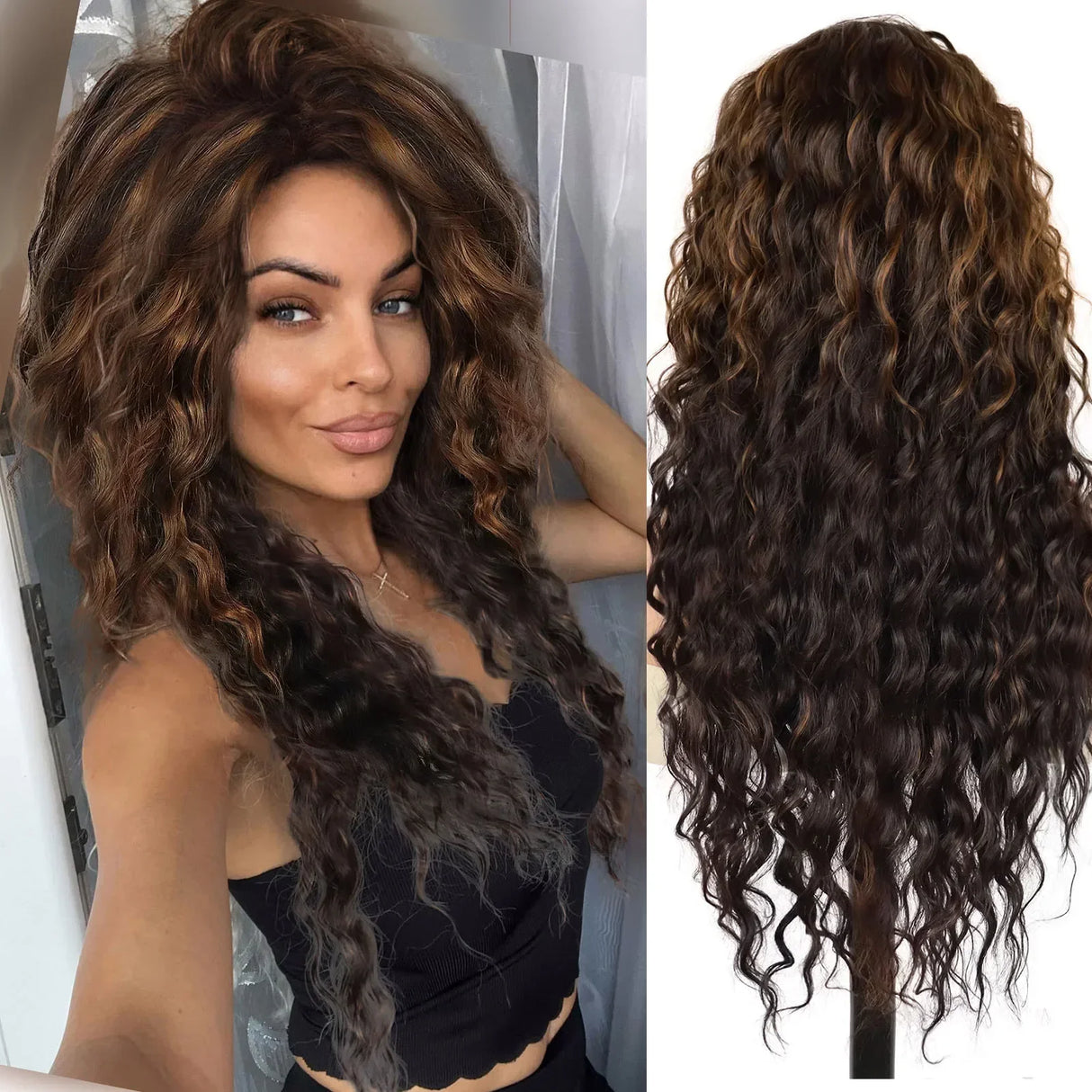 GNIMEGIL Synthetic Long Wave Wig for Woman Natural Brown Wig with Clip Free Part Side Bangs 80s Curly Wigs for Women Ombre Wig