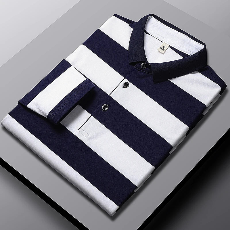 Brand Business Long Sleeve Polo Shirts Men Clothes 2023 Striped Tops Lapel Luxury Clothing Fashion Embroidered Men's Golf Wear