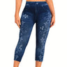 Women's Plus Size Sports Leggings, Lady Oversize Denim Print & Floral High Rise Skinny Slight Stretch Capri Tight Pants