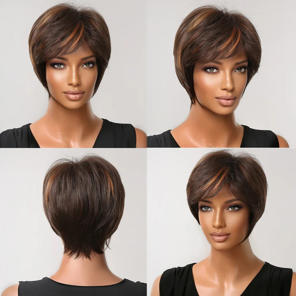 Short Pixie Cut Wig with Highlight Straight Chocolate Brown Synthetic Wig for Black Women Cosplay Daily Heat Resistant Hair Wigs