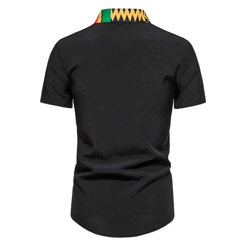 African Kente Print Shirt Short Sleeves Summer Men's 2023 Fashion Patchwork Button Turn Traditional Dashiki Casual Work Tops