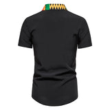 African Kente Print Shirt Short Sleeves Summer Men's 2023 Fashion Patchwork Button Turn Traditional Dashiki Casual Work Tops