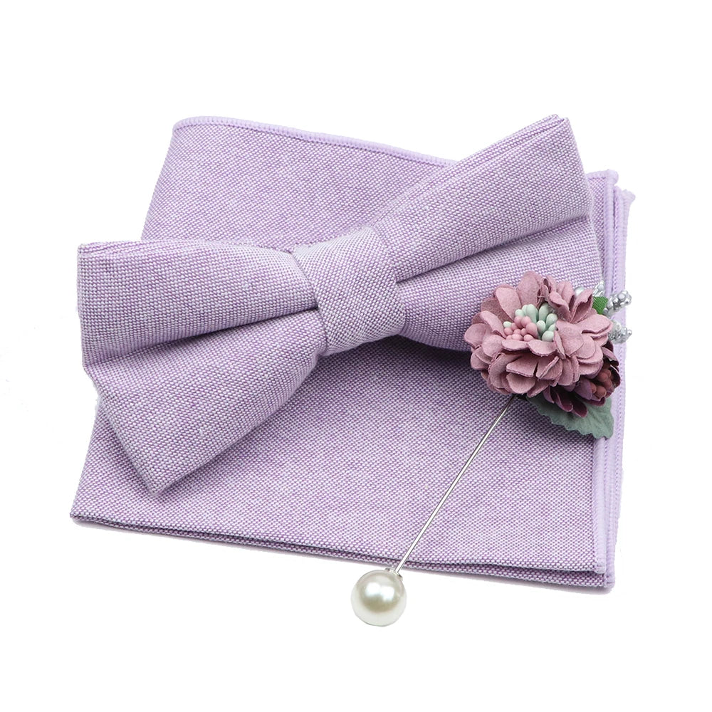 Solid Color Mens Bowtie Brooch Set 100% Cotton Pink Blue Bow Tie Flower Lapel Pin Romantic Wedding Party Suit Shirt Accessories