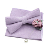 Solid Color Mens Bowtie Brooch Set 100% Cotton Pink Blue Bow Tie Flower Lapel Pin Romantic Wedding Party Suit Shirt Accessories