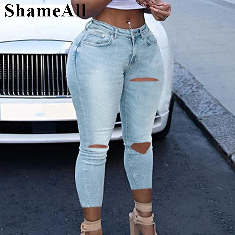 Plus Size Sexy White Blue Hollow Out Denim Capris 4XL Club Women High Waist Ripped Lace Up Bandage Ankle Length Jeans Cropped