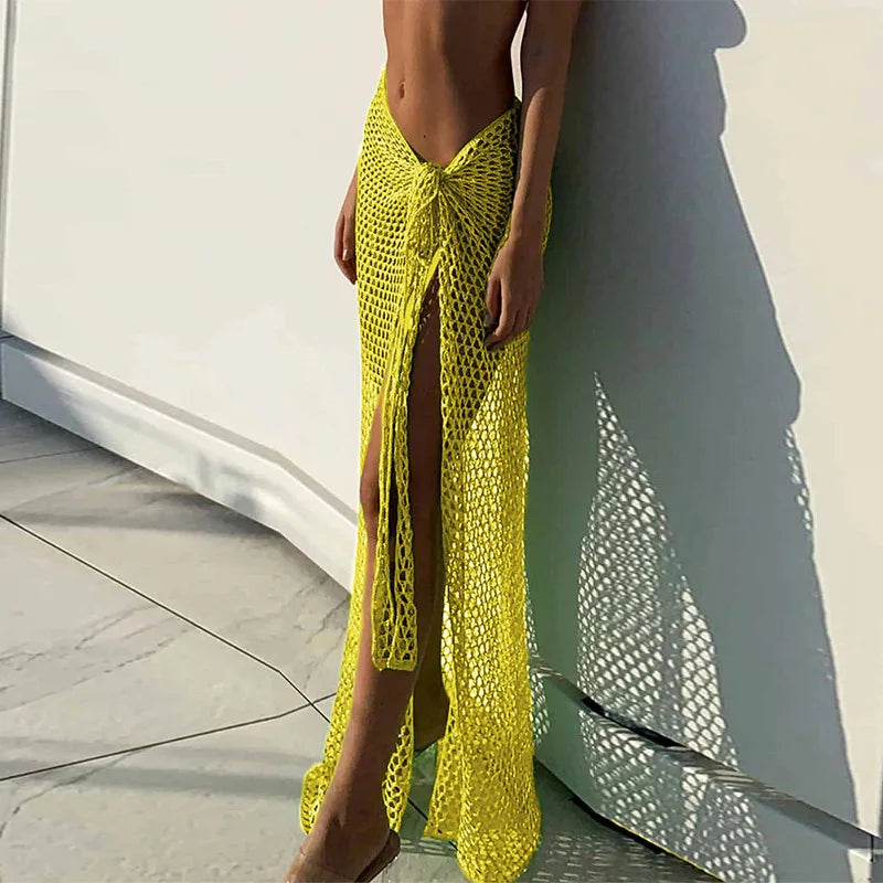 2024 Croche Beach Cover Up Sexy See Through Dress Knit Long Skirts Mesh Hollow Out Through Wrap White Midi Skirt Party Outfits