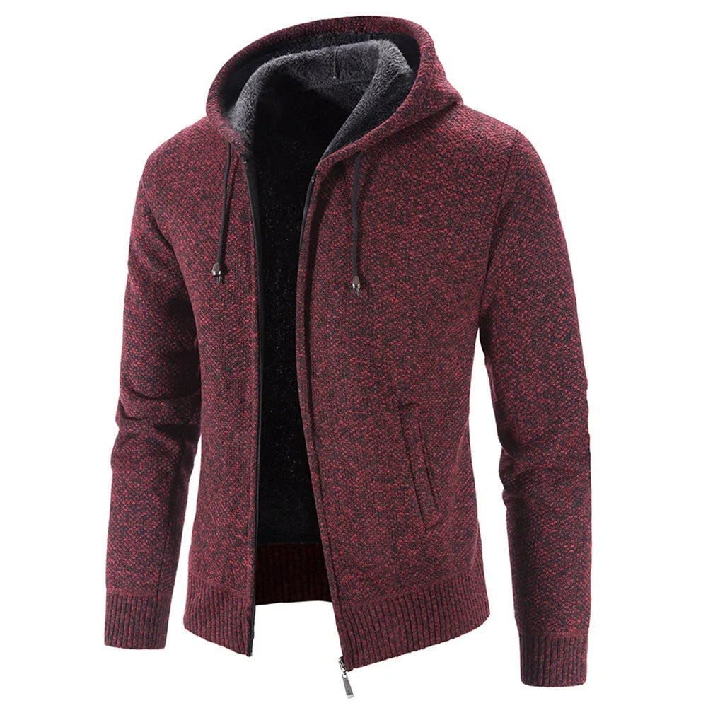 Mens Autumn Winter Warm Thick Fur Lined Hooded Hoodie Slim Fit  Zip Up Coat Jacket Sweatshirt Solid Knitted Men Sweaters