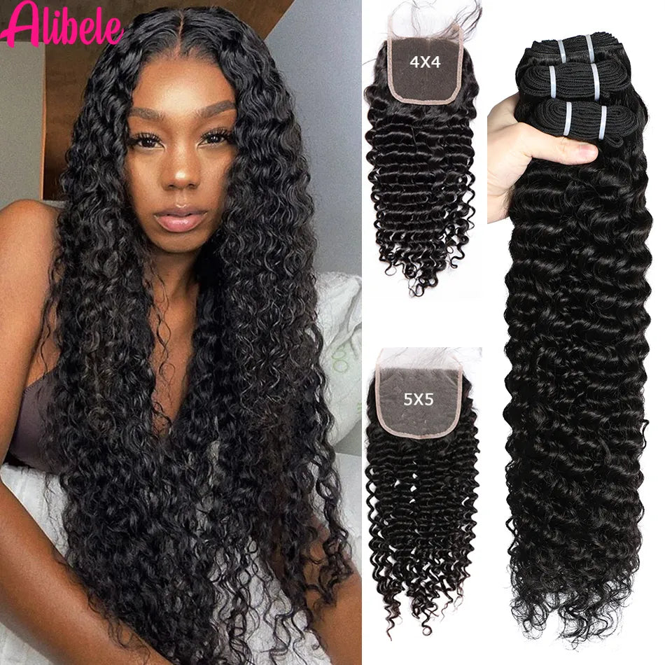 5x5 HD Lace Closure With Bundles Brazilian Deep Wave Curly Hair Bundles With 4x4 Lace Closure Remy HumanHair Bundles WithClosure