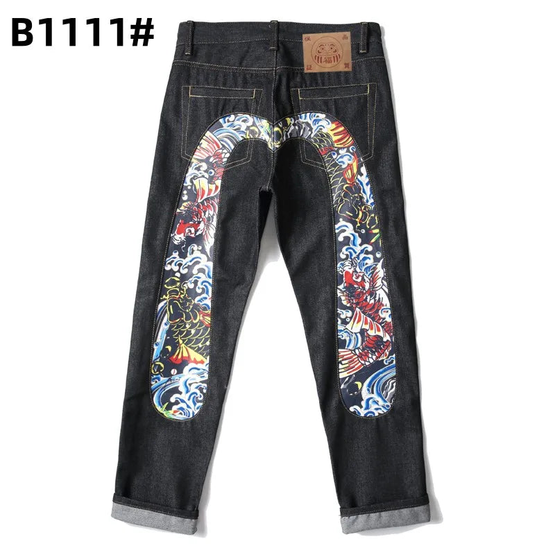 Printed trendy brand personality jeans for men and women casual slim straight tube national trend washed loose all-match pants