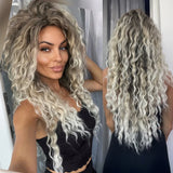 GNIMEGIL Synthetic Long Wave Wig for Woman Natural Brown Wig with Clip Free Part Side Bangs 80s Curly Wigs for Women Ombre Wig