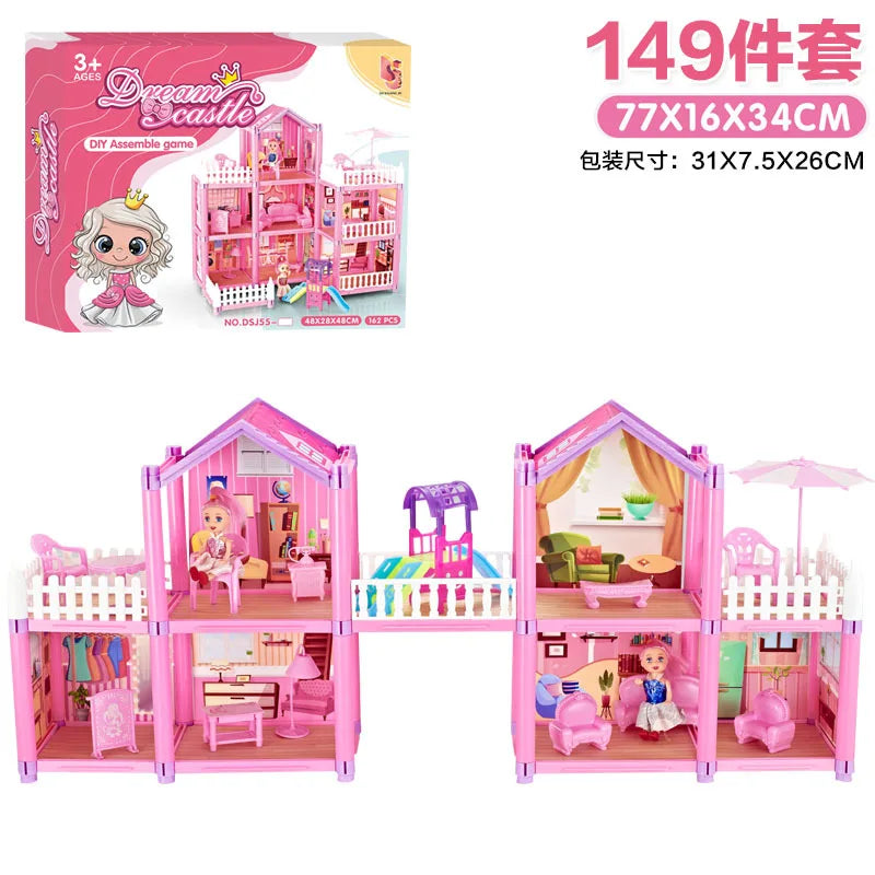 Kids Toy Simulation Doll House Villa Set Pretend Play House Assembly Toys Princess Castle Bedroom Girls Gift Toy For Children