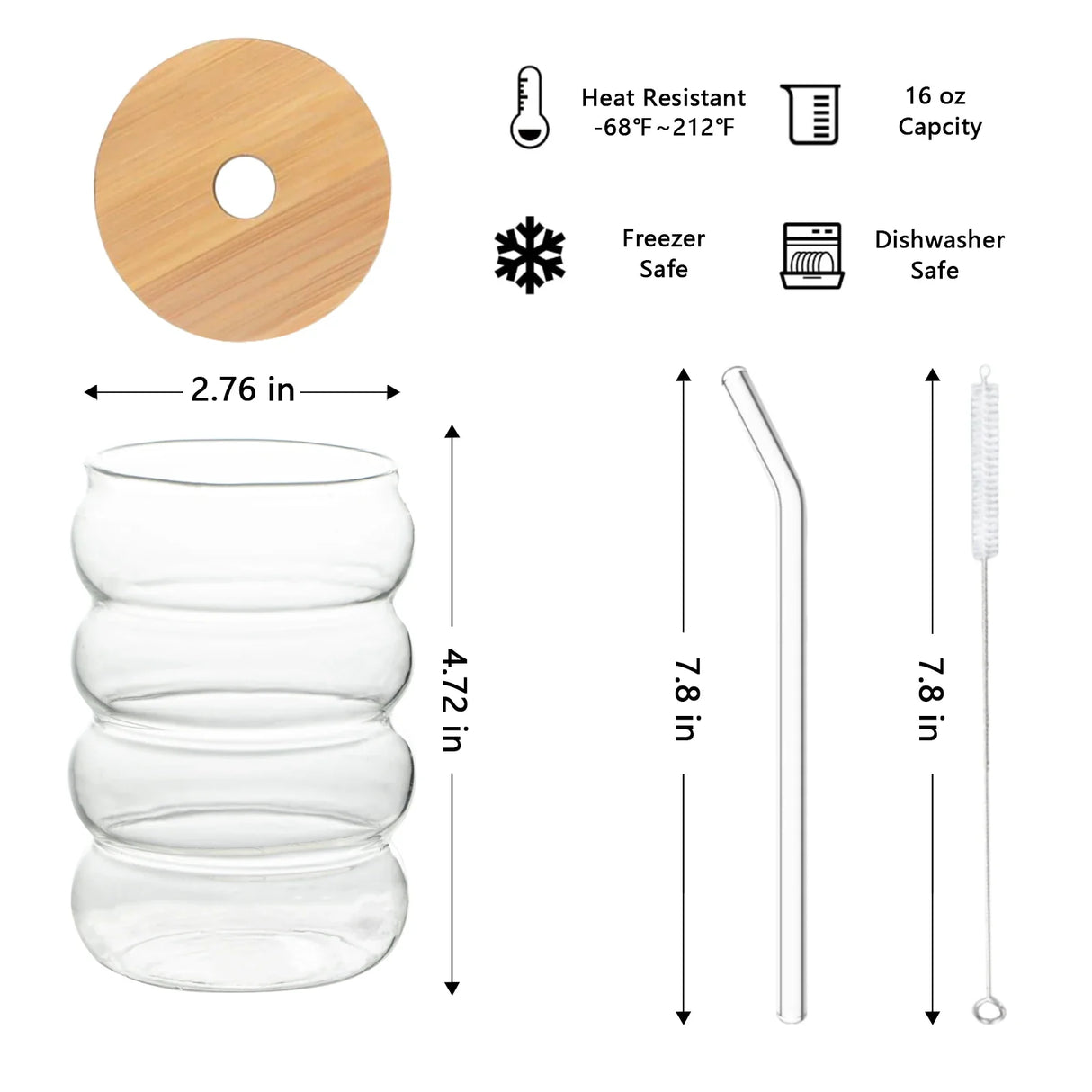 4PCS Creative Glass Cup with Lid Straw Heat-resistant Wave Cup Beer Juice Ice Coffee Cups Cocktail Fruit Bubble Glass Drinkware