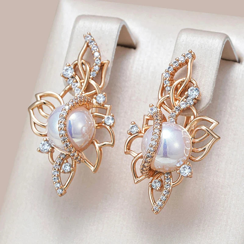 Kinel Luxury 585 Rose Gold Drop Earrings for Women Unique Geometric Hollow Bridal Accessories Natural Zircon Pearl Jewelry Gift