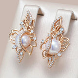 Kinel Luxury 585 Rose Gold Drop Earrings for Women Unique Geometric Hollow Bridal Accessories Natural Zircon Pearl Jewelry Gift