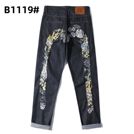 Printed trendy brand personality jeans for men and women casual slim straight tube national trend washed loose all-match pants