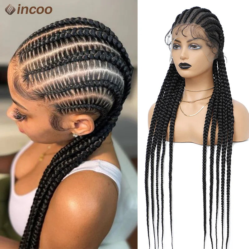 Incoo 36'' Synthetic Twist Braids Lace Front Wig With Baby Full Lace Frontal Cornrow Braided Wigs Afro Black Dutch Braided Wigs