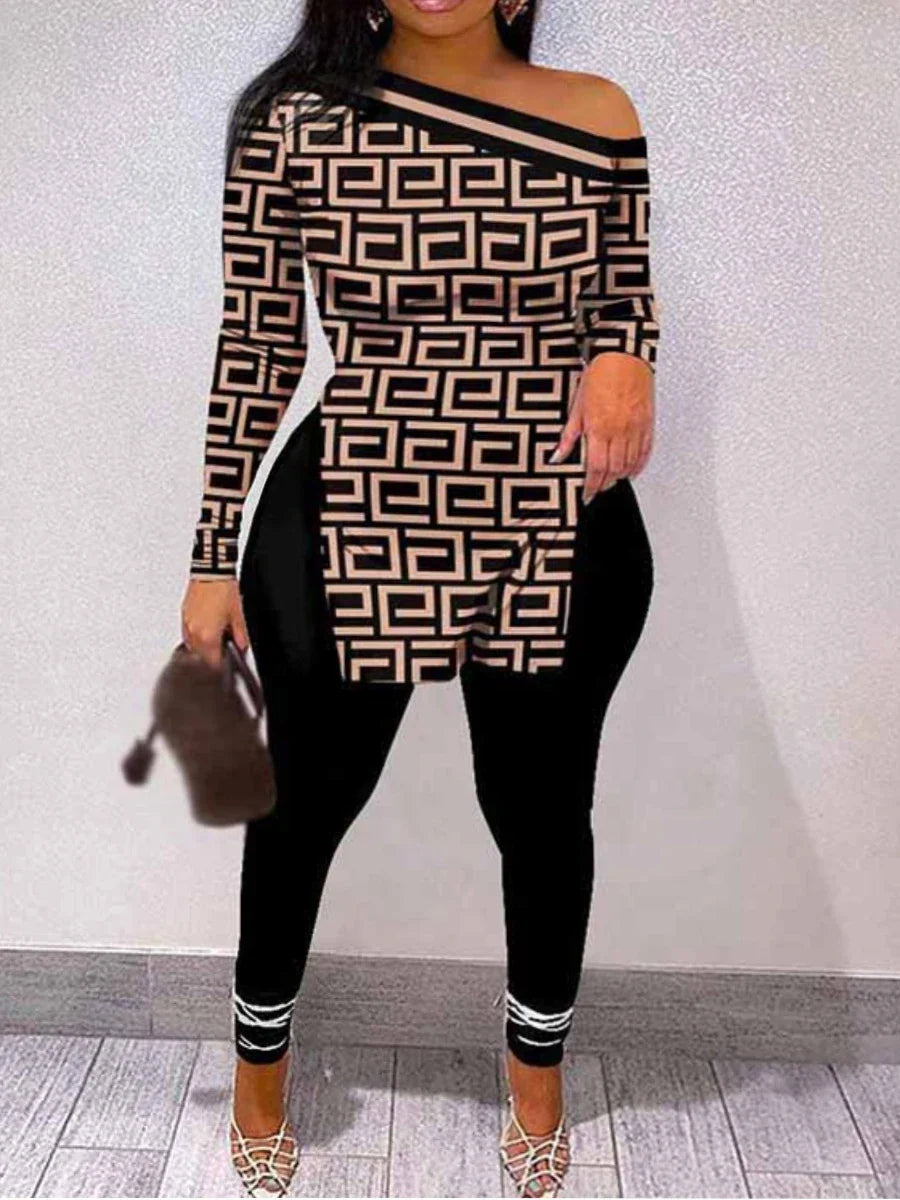 LW Casual Plus Size Chain Print Side Split Pants Set for 2023 Women Bateau Neck Long Sleeve Two Pieces Matching Suits Outfit