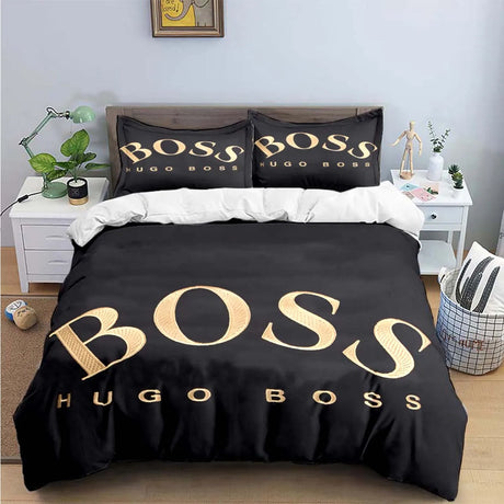 H-Hugo Boss Logo Print Bedding Sets Exquisite Bed Supplies Set Duvet Cover Bed Comforter Set Bedding Set Luxury Birthday Gift