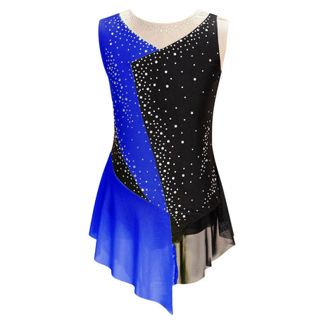 Kids Girls Figure Skating Dress Shiny Rhinestone Sheer Mesh Tutu Ballet Gymnastics Leotard Dress Ballroom Performance Dancewear