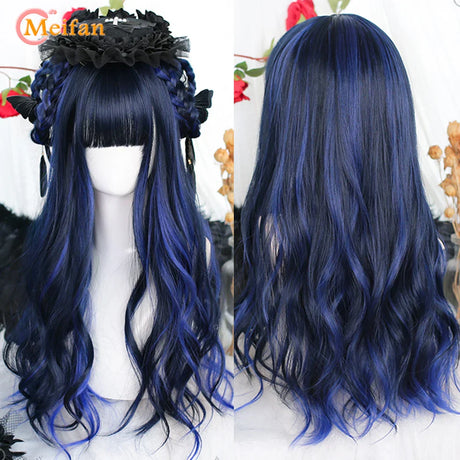 MEIFAN Long Lolita Ombre Harajuku Wig With Bang Red Blue Wave Curly Cosplay Wig Heat Resistant Synthetic Jellyfish Head Wigs