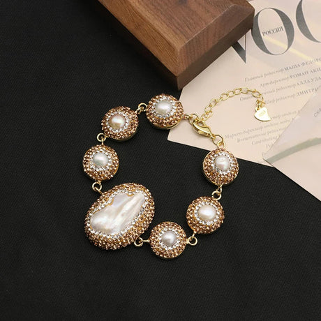 GLSEEVO Natural Baroque Shaped Pearl Women Jewelry Necklace Bracelet Earring Ring Set Rhinestone Inlaid Luxury Dress Jewelry