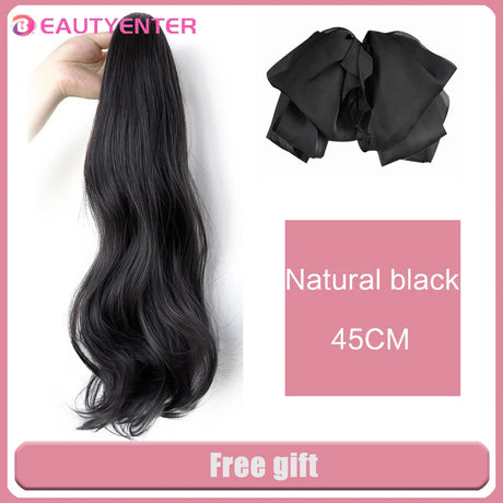 BEAUTYENTER Synthetic Straight Long Wig Hair Ponytail Grab clip Bow Pony Tail For Woman Fake Hairpiece For Black Women