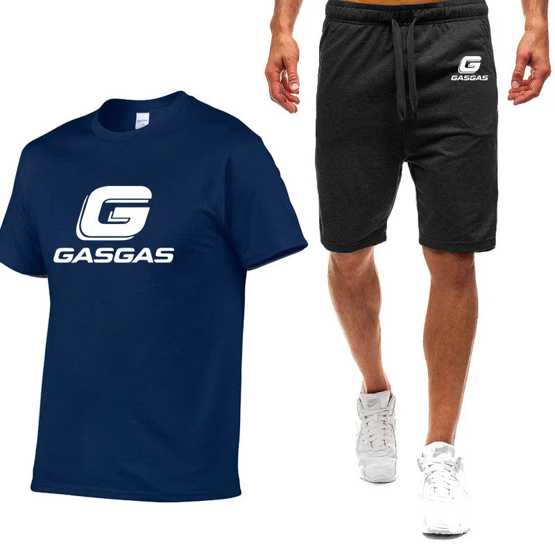 Motorcycles GasGas Summer Men's Sportswear Shorts Set Short Sleeve Breathable Grid T-Shirt Shorts Casualwear Basketball Training