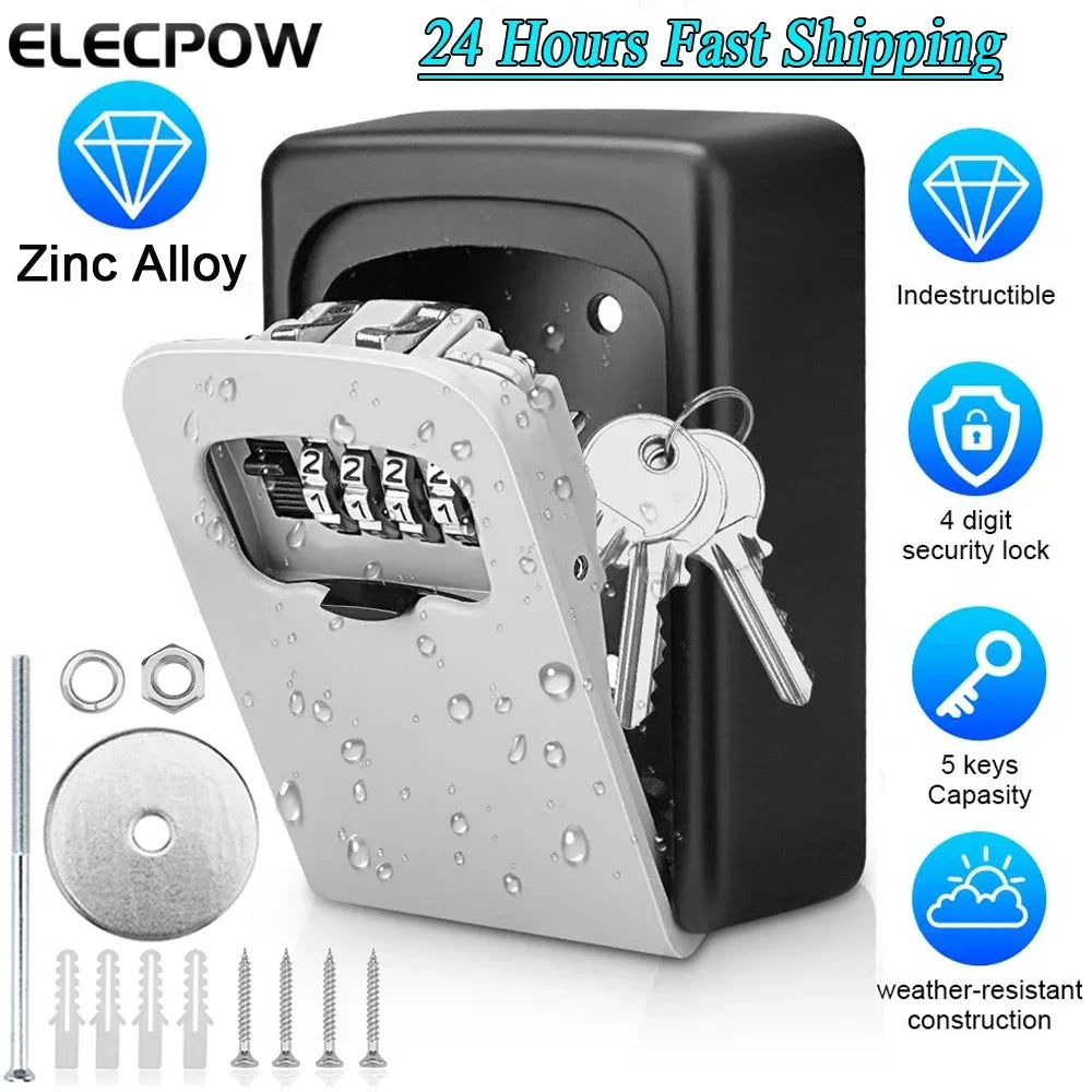 Elecpow Metal Material Password Lock Storage Box Outdoor Waterproof Wall Mount 4 Digit Password Key Box Anti Theft Key Safe Box