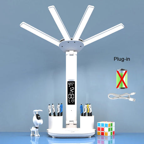 Rechargeable Table Lamp for Study, Desk Lamp Reading Light Led Table Light with Fan, Led Clock Dispaly Reading Lamp