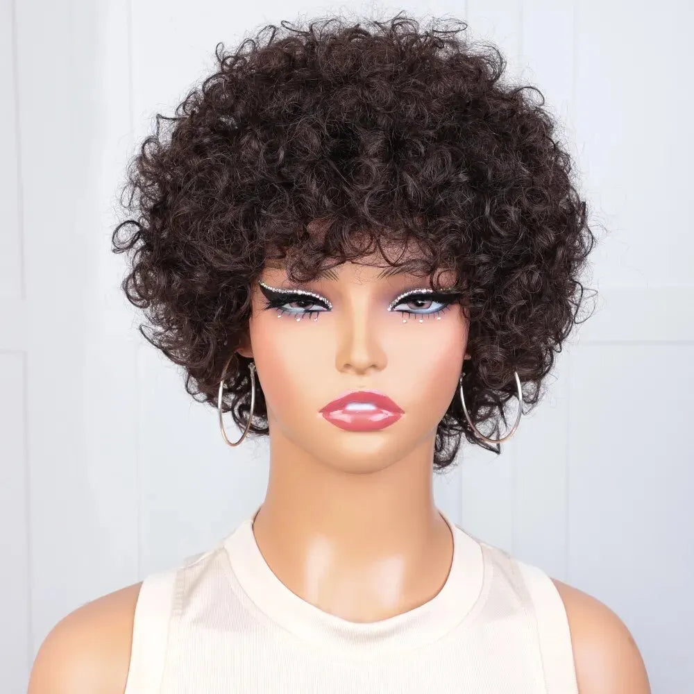 Pixie Short Afro Curly Bob Human Hair Wigs With Bangs For Women Brazilian Remy Hair Wear and Go Natural Brown Kinky Curly Wigs