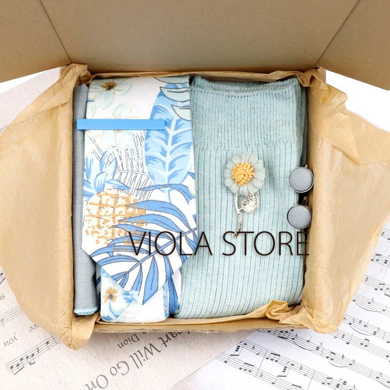 Viola Design 6PCS Gift Box Floral Solid Cotton Sock Tie Sets Clip Pin Cufflinks Hankie Men Wedding Party Daily Cravat Accessory