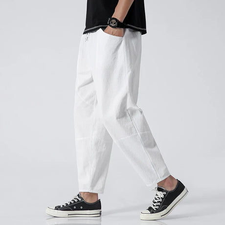 100% Cotton Summer Casual Pants Man Trendy Japanese Cropped Pants Loose Pants Men 5xl