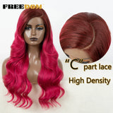 FREEDOM Synthetic Lace Front Wigs for Women C Part Wig Ombre Brown Rose Red Color Body Wave Lace Wigs Highlight Cosplay Wig