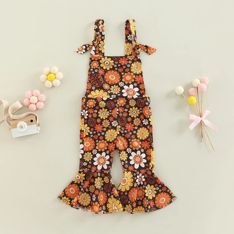 FOCUSNORM 0-4Y Lovely Baby Girl Romper Pants 4 Style Flowers Printed Sleeveless Off Shoulder Ruffle High Waist Flare Jumpsuit