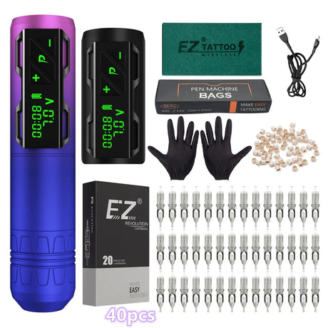 EZ Complete Tattoo Kit P2S Wireless Battery Tattoo Pen Machine 40 Pcs Cartridge Needles for for Tattoo Beginners & Arts