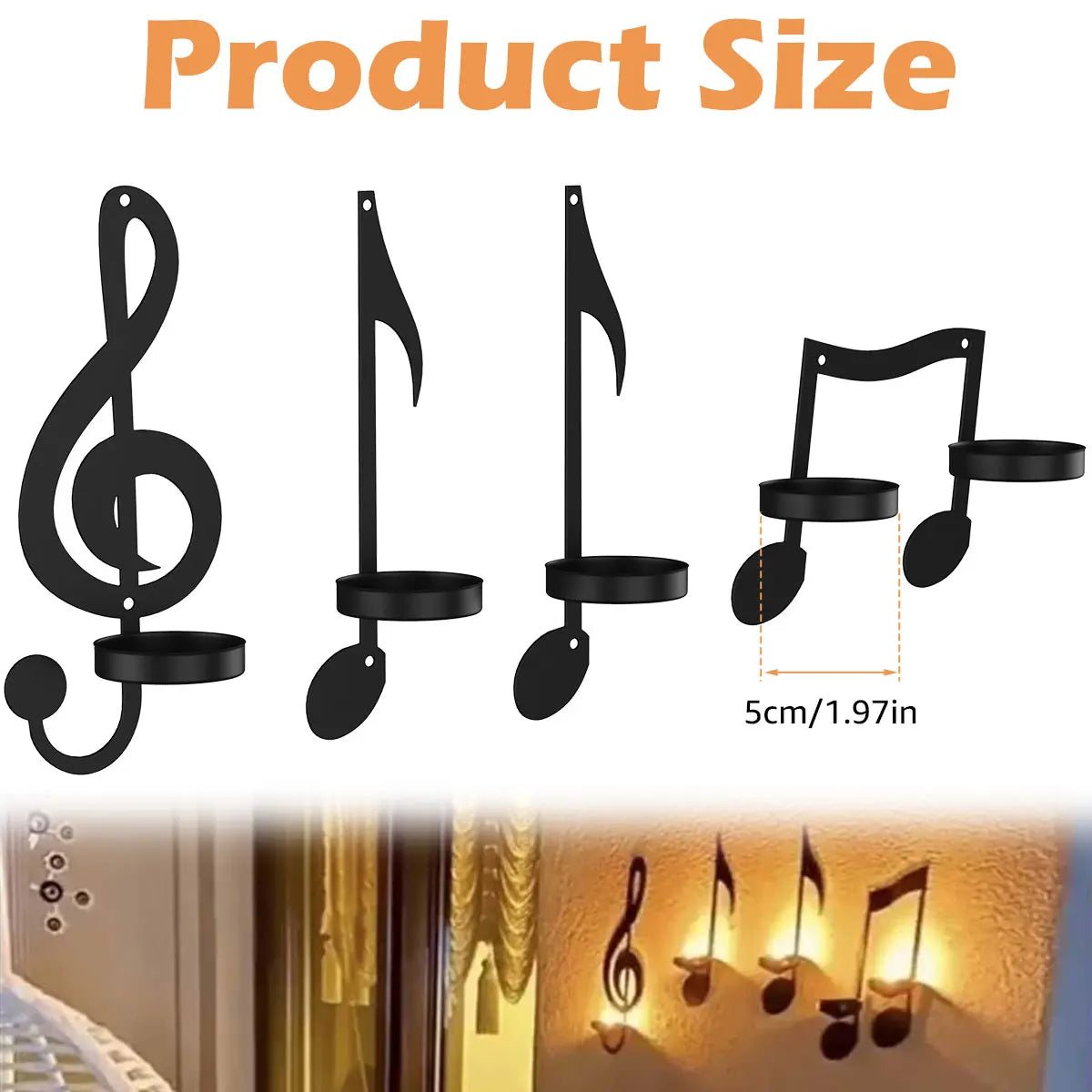 4Pc Music Note Candle Holder Black Music Note Wall Sconce Vintage Art Musical Note Style Candle Holders Iron Candle Holder Decor