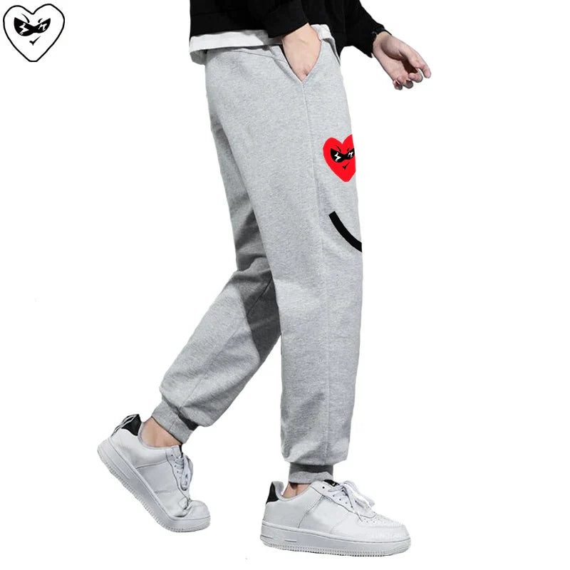 Men Women Spring Autumn Pants Heart Cartoon Embroidery Smiling Face Print Cotton Elastic Bind Feet Drawstring Casual Pants