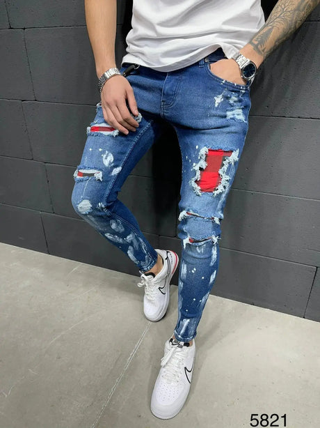 White Embroidery Jeans Men Cotton Stretchy Ripped Skinny Jeans High Quality Hip Hop Black Hole Slim Fit Oversize Denim Pants