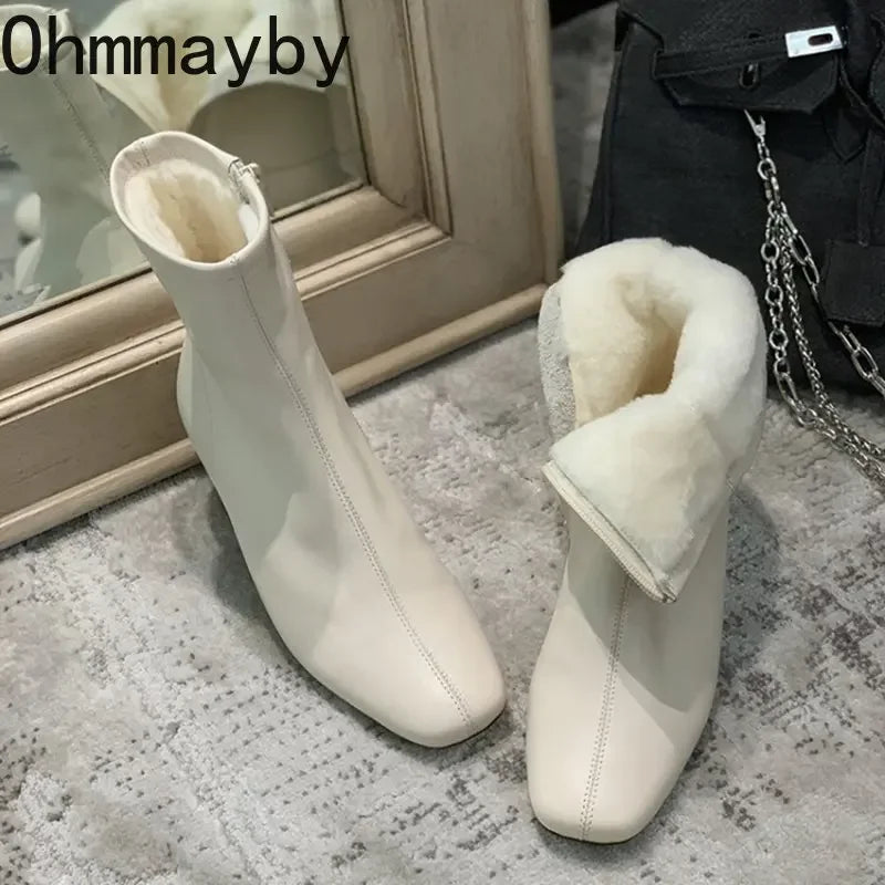 2024 Winter Warm Plush Women Ankle Boots Fashion Zippers Thick High Heel Shoes Street Style Eelgant Keep Warm Ladies Short Boot