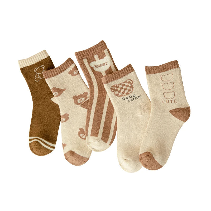 Kids Socks Girl Boy Fall Winter Thick Warm Cute Cartoon Baby 1-12Y Cotton Medium Tube Terry Socks 5 Pairs For Children