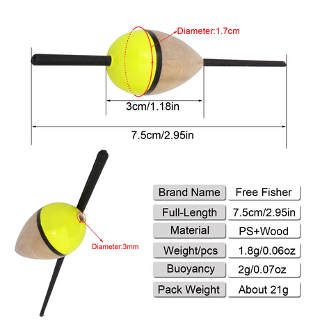 FREE FISHER 10pcs Lighted Fishing Floats Set Collection Cork Buoy Paulownia Wood Floats+ Plastic Stick Kit Buoyancy 2g 8cm Buoy