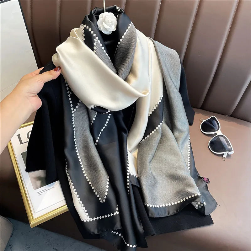 180*90cm Large Silk Satin Scarf Hijab Women Print Spring New Shawl Wrap Female Hand Foulard Pashmina Travel Echarpe 2022 NEW