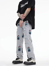 Chinese Painting Embroidered Patch Denim Ripped Jeans for Men Streetwear Washed Destroyed Pleated Tassels Straight Jean Male